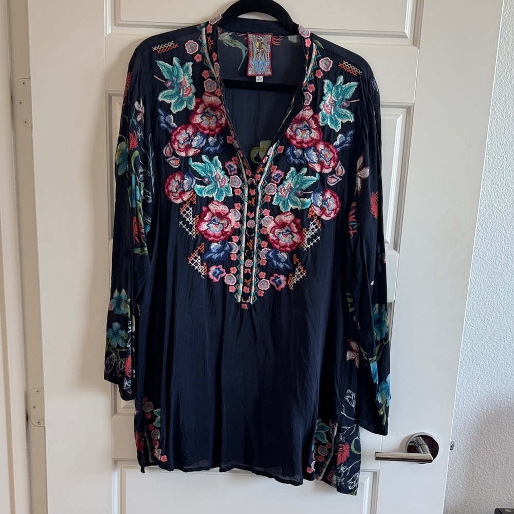 Johnny Was Navy Blue Blouse with Colorful Floral Embroidery